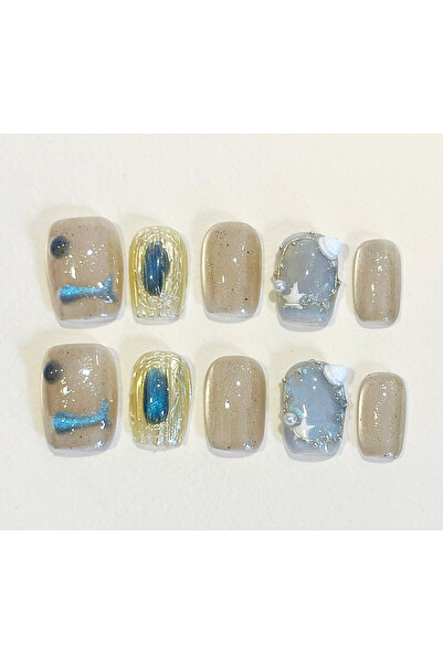 Nailvana (Μεσαίο) Χειροποίητα Νύχια Πρεσαριστά με Θέμα  "Θαλάσσιο Φύλλο "