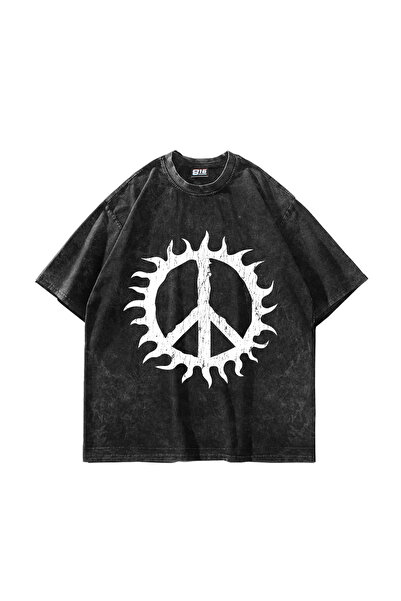 Bak Moda Peace Life με τύπωμα oversized Unisex Μαύρο μπλουζάκι που πλένεται