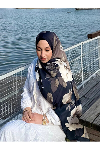 bysoca Γυναικείο μαύρο κρεμ σάλι χιτζάμπ με μεγάλο σχέδιο λουλουδιών και φύλλ...