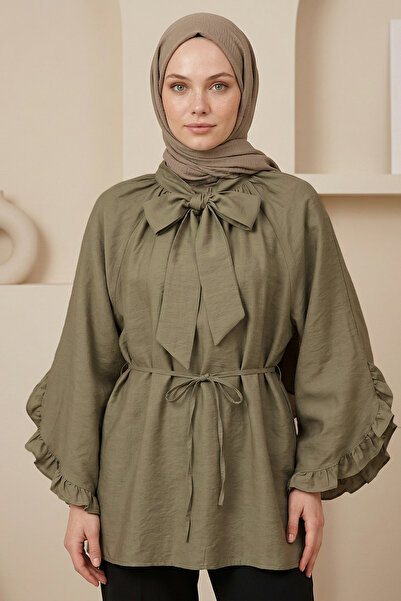 FERHEL Hijab Collar Ribbon Sleeve Ruffle Waist Tie Tunic - Khaki