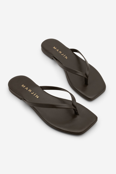Marjin Kadın İnce Bantlı Parmak Arası Küt Burun Günlük Terlik Nelvin Kahve