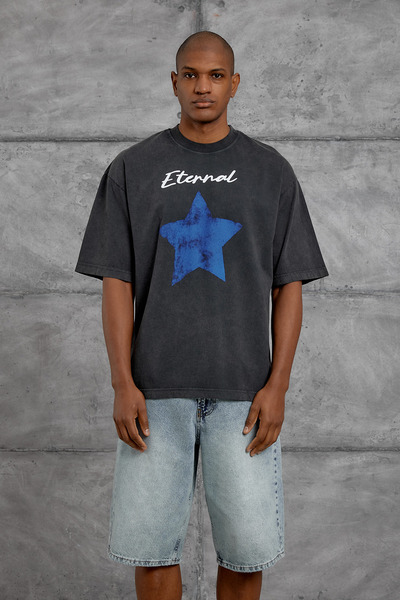 NOMARC Tricou supradimensionat, imprimat, lavabil, cu aspect afumat, ETERNAL