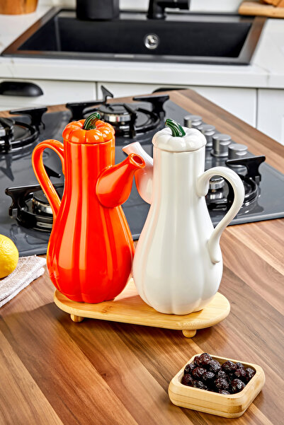 Akkoyunlu home Pumpkin Shaped 2-Piece Ceramic Oil Pot with Bamboo Base White-...