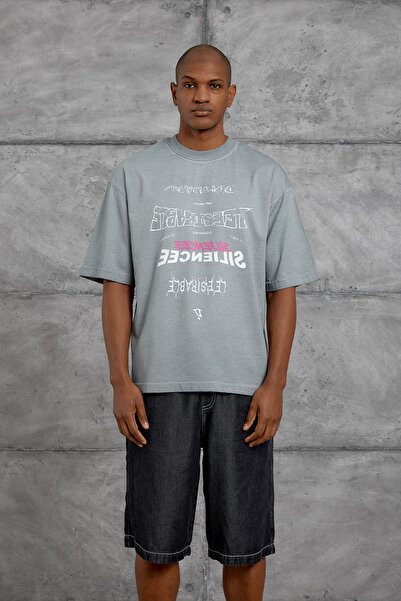 NOMARC Tricou oversize gri din țesătură lavabilă cu imprimeu text