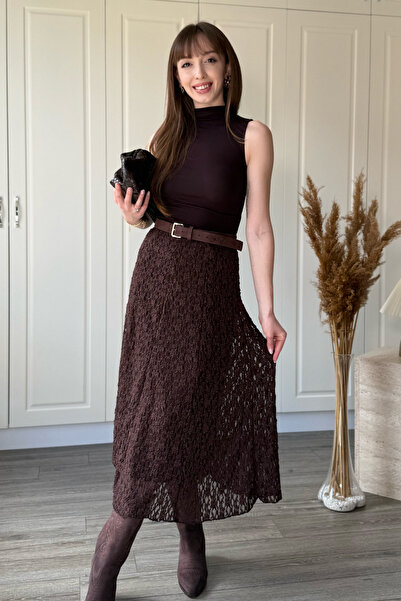 Dilay Gökoğlu Butik Ελαστική Φούστα Δαντέλας σε Καφέ Χρώμα