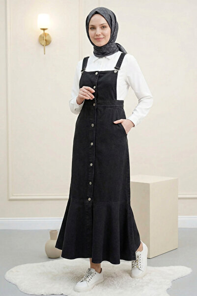 FERHEL Women's Buttoned Skirt with Ruffles and Gilet Dress - Black