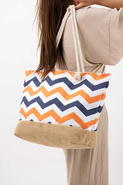 Meryem Çanta Women's Patterned Beach Bag with Knitted Handle and Lining