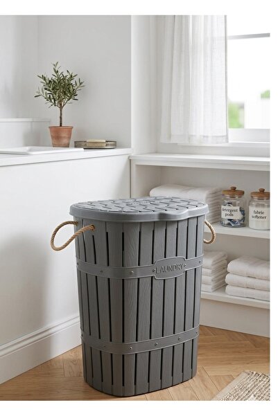 Buclee 64 Lt Antrasit Kirli Çamaşır Sepeti Kapaklı Bambu Halatlı Banyo Düzenl...