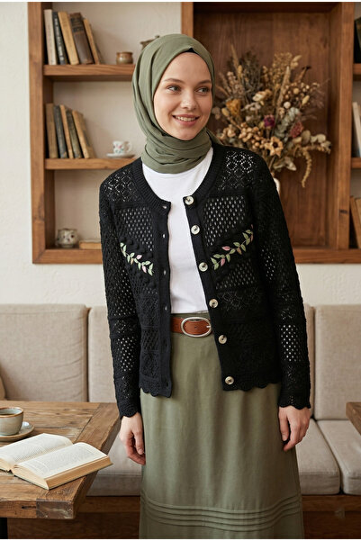 MODAQU Leaf Embroidered Short Cardigan - Black