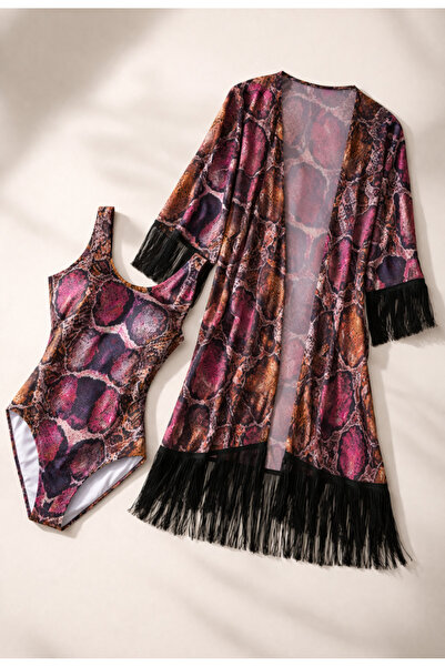 Nobrand Ολόσωμο μαγιό με σχέδιο φιδιού + διαφανές κιμονό με κρόσσια – σετ παρ...