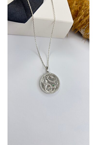 Yılan Taşlı Rhodium Kaplama 925 Ayar Gümüş Kolye Ucu