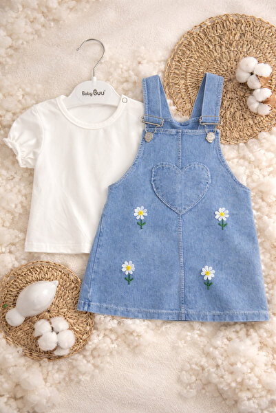 ASLİN STORE Papatya İşleme Detaylı Kız Bebek Salopet Elbiseli 2 li Takım