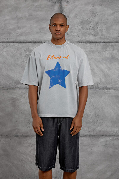 NOMARC Tricou oversize gri, imprimat ETERNAL, lavabil.