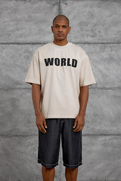 NOMARC Κρεμ Μπλουζάκι Oversize με Στάμπα WORLD, Πλενόμενο