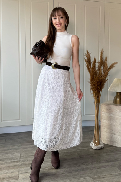 Dilay Gökoğlu Butik Λευκή δαντελένια φούστα με ελαστική μέση