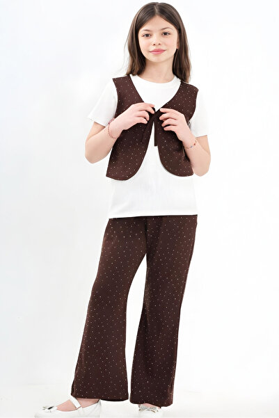 MODANINO Girl's Stone Decorated and Vest Detailed Top and Bottom Set 7-12 Yea...