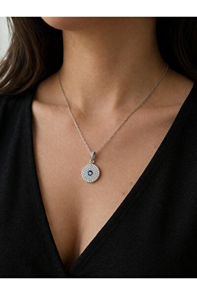Vira Rise Women's Silver Color Steel Evil Eye Beaded Zircon Stone Plate Necklace