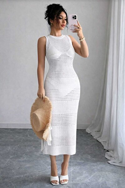 Bracha Rochie de plajă tip pareo, cu decolteu rotund, model ajurat, detaliu c...