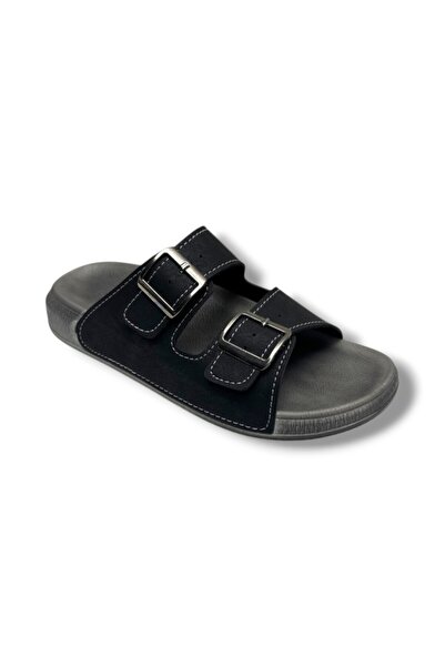 GEZER 16386-26 Δερμάτινες ανατομικές ανδρικές παντόφλες με διπλή πόρπη