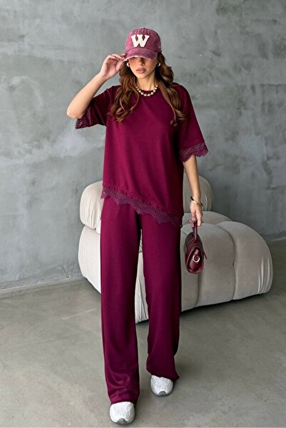 MODAMERSİ Women's Plum Lace Detailed Top and Bottom Modal Set