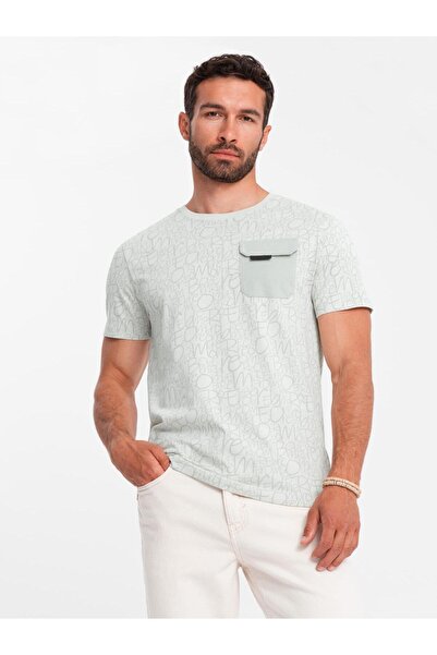 OMBRE Ανδρικό T-Shirt Μπλούζα με Τσέπη Μοντέρνα S2042 White/light mint