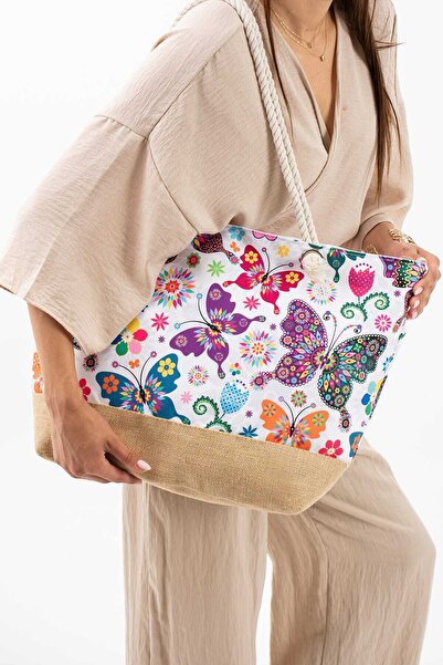 Meryem Çanta Women's Patterned Beach Bag with Knitted Handle and Lining