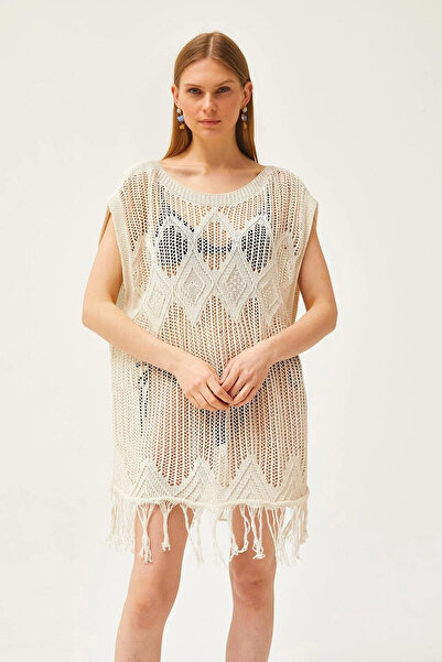 bysoca Γυναικείο μπεζ αμάνικο διάτρητο πλεκτό φόρεμα με φούντες, κοντό μίνι φ...