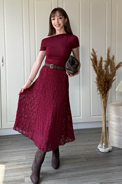 Dilay Gökoğlu Butik Φούστα μπορντό με δαντέλα και ελαστική μέση