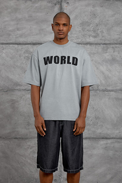 NOMARC Tricou oversize gri, imprimat cu motiv WORLD, lavabil.