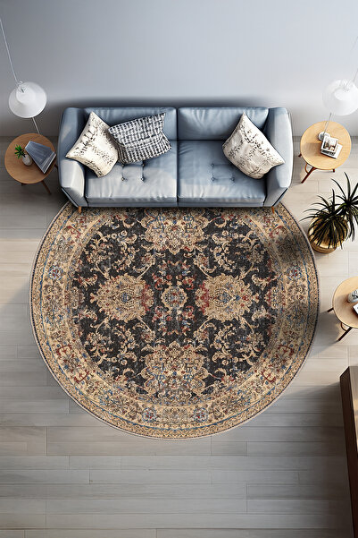 BigArts Home Siyah Eskitme Desenli Şönil Halı Salon Mutfak Oturma Odası Yuvar...
