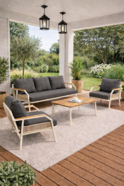 UFUK HOME Daisy Krem 3+1+1 Masalı Bahçe Oturma Grubu Balkon Teras Takımı
