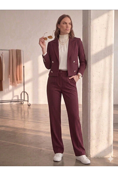 QUBERZ Γυναικείο Σετ 3 τεμαχίων σε Μπλε-Μαύρο-Βυσσινί με ρίγες: Σακάκι, Παντε...