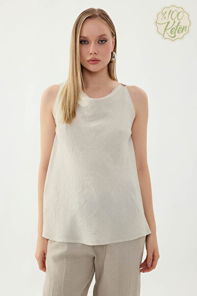 Vitrin 100% Linen Single Button Zero Sleeve Blouse