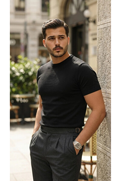 Butik Men's Basic Crew Neck Short Sleeve Knitwear T-Shirt - 100% Cotton Acrylic