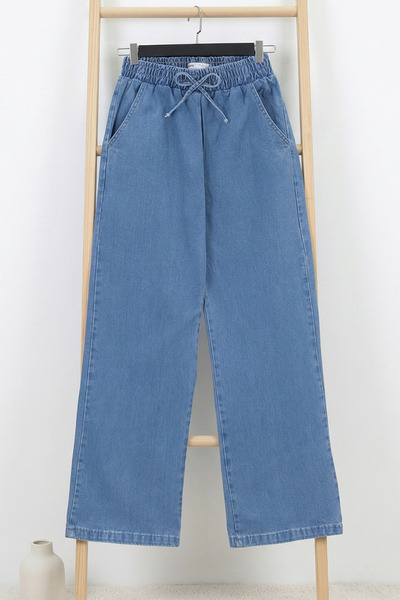 FERHEL Γυναικείο τζιν παντελόνι με ελαστική μέση, τσέπες και φαρδιά μπατζάκια...