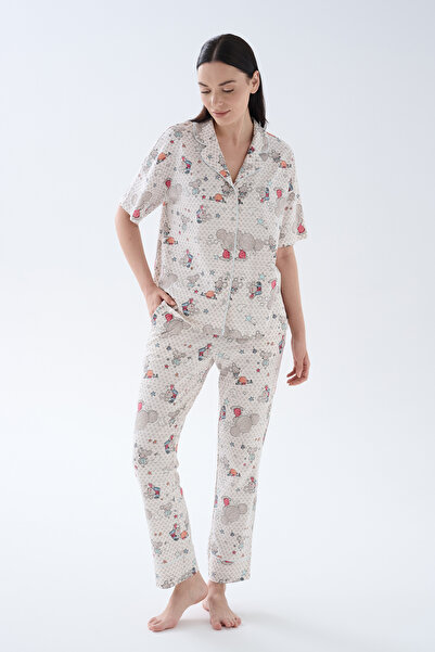 Hays Kadın Pamuklu Kısa Kollu Gömlek Yaka Uzun Pijama Takımı