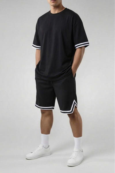 MARECASH Ανδρικό μπλουζάκι με ρίγες, σετ σορτς με ρίγες στα μανίκια και σχισμ...