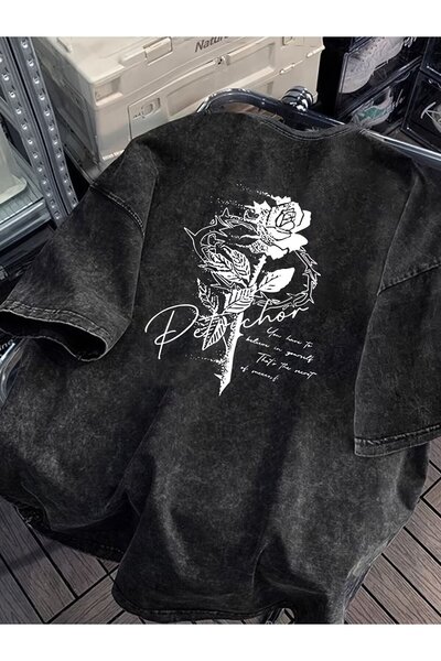 Le Savu Μπλουζάκι Unisex με στάμπα τριαντάφυλλο, πλενόμενο, vintage, oversize