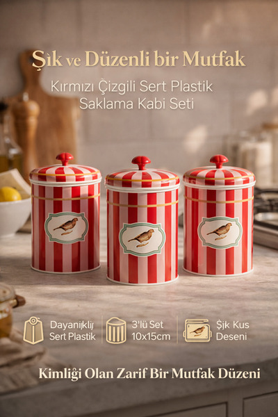 DİVAYS Red Striped Bird Patterned 3-Piece Storage Container Set Hard Plastic ...