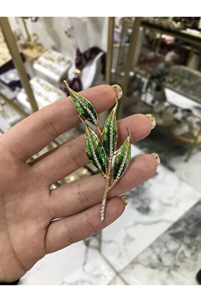 the ASEL İNCİ Yaprak Model Yeşil Taş Detaylı Broş
