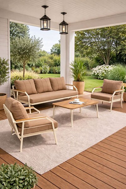 UFUK HOME Daisy Krem 3+1+1 Masalı Bahçe Oturma Grubu Balkon Teras Takımı
