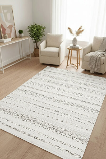 Pearlora Home Dijital Kaymaz Baskılı Yıkanabilir Çizgi Desenli Salon Halısı M...