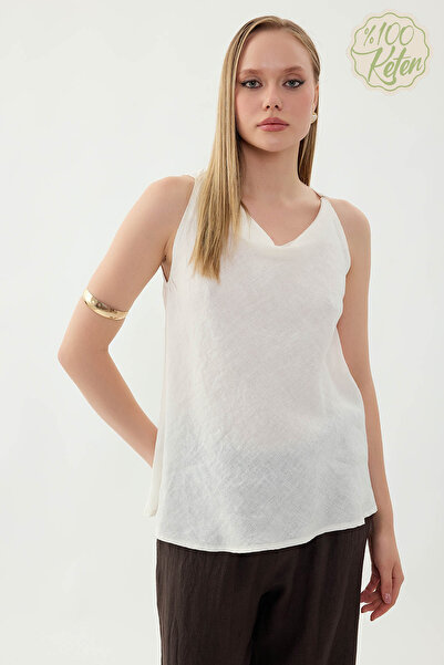 Vitrin 100% Linen Single Button Zero Sleeve Blouse