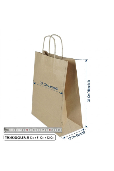 Mika Tedarik 25x31x12 cm Burgu Saplı Kraft Kağıt Çanta - Karton Poşet 300 Ade...