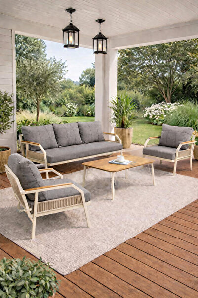 UFUK HOME Daisy Krem 3+1+1 Masalı Bahçe Oturma Grubu Balkon Teras Takımı