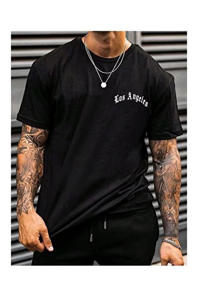 LAND MODA Μίνιμαλ μπλουζάκι Los Angeles - Μαύρο εμπριμέ κοντό μανίκι με λαιμό...