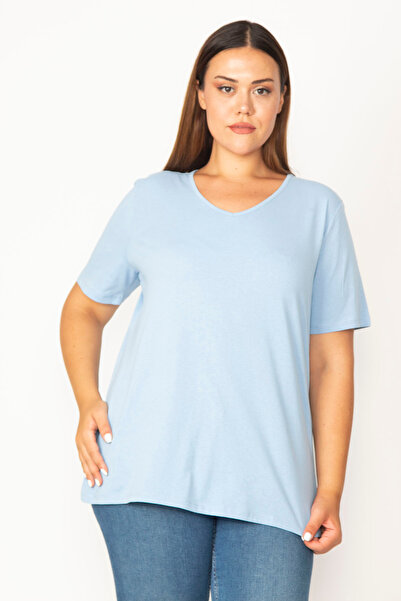 Şans Γυναικεία Μπλούζα Μεγάλου Μεγέθους Μπλε, Βαμβακερό Ύφασμα, Λαιμόκοψη V, ...