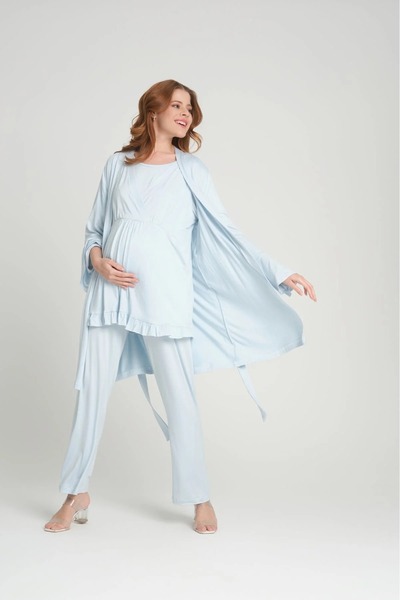 Lohusa Homewear New Season Blue Maternity Summer Design 100% Cotton Double-Br...