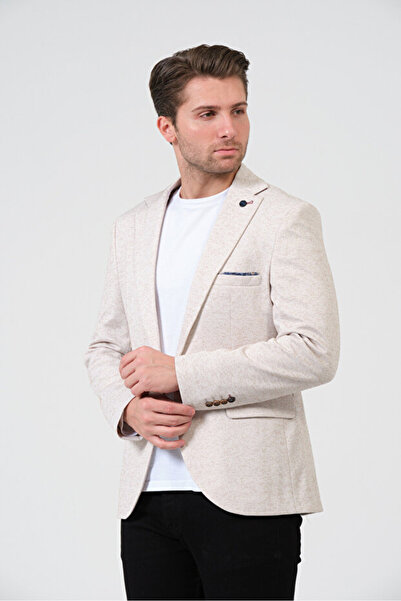Bonesti Erkek Slim Fit Blazer Ceket Krem Kahve Benekli