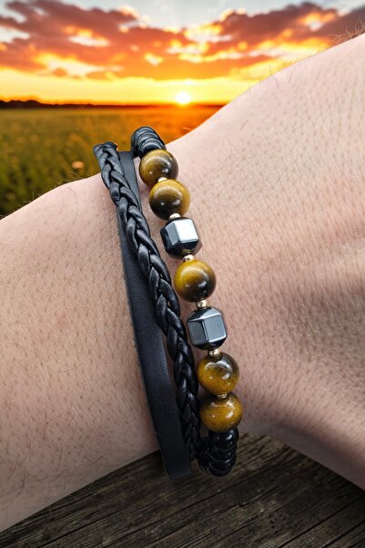 NBS Beautiful Naturel Stones سوار جلدي للرجال بتصميم عين النمر، تصميم حجر اله...